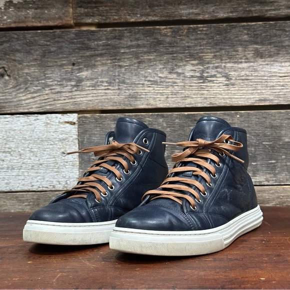 GUCCI Men’s Microsoft Blue Leather High-Top Sneakers White Laces US sz 8 - Picture 1 of 13